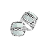 Sterling Silver Mother Of Pearl Rectangular Statement Ring With Floral Artistic Design